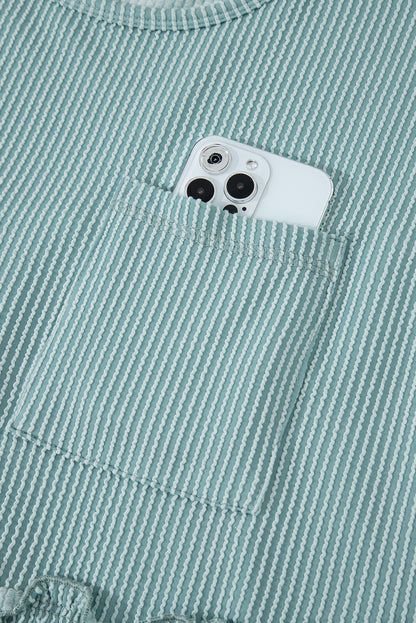 Canton Corded Knit Textured Patched Pocket Frilled Swing Mini Dress with Pockets