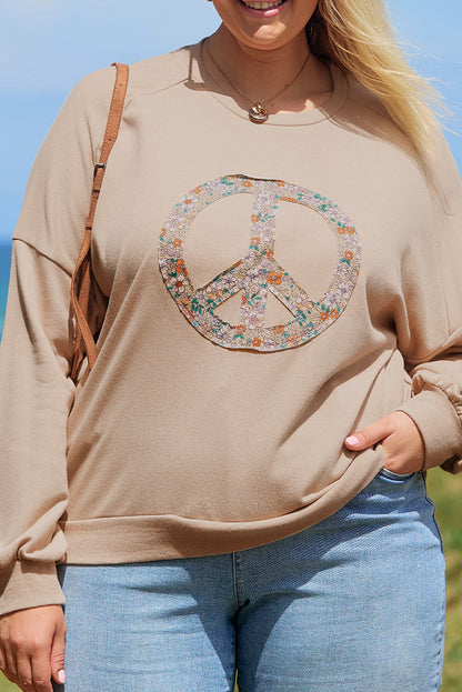 Pale Khaki Floral Peace Sign Graphic Washed Terry Plus Size Sweatshirt