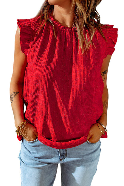 Fiery Red Ruffled Ribbed O-neck Sleeveless Top