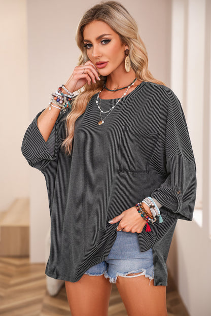 Dark Gray Ribbed Roll-tab Sleeve Chest Pocket Oversize Top