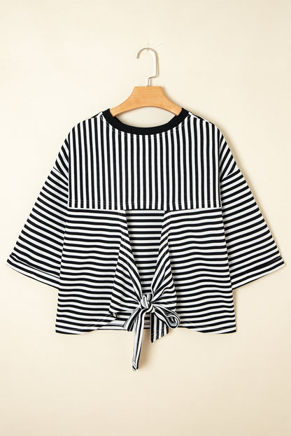 Black Stripe Bowknot Cutout Back Drop Shoulder Wide Bracelet Sleeve Loose Tee