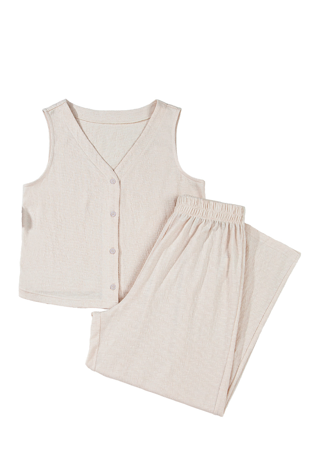 Apricot Buttoned V Neck Tank Top and Wide Leg Pants Casual Outfit