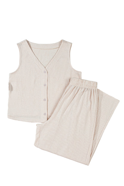Apricot Buttoned V Neck Tank Top and Wide Leg Pants Casual Outfit