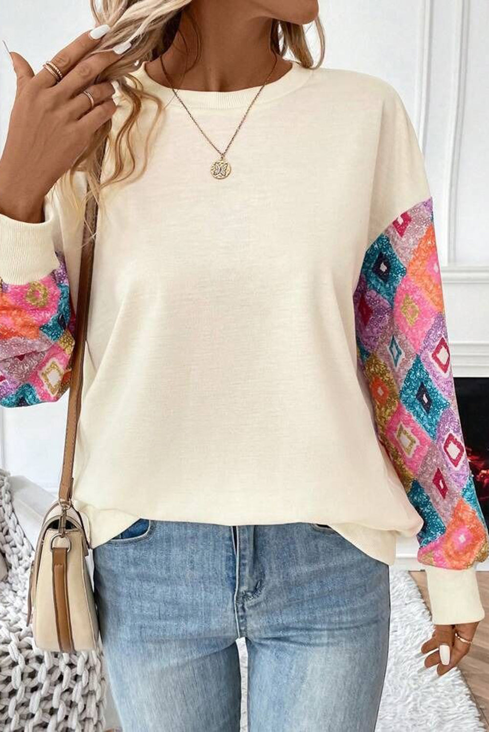 Apricot Geometric Printed Patchwork Long Sleeve Round Neck Top