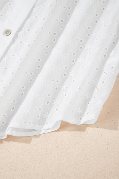 White Floral Embroidered Puff Sleeve Eyelet Patchwork Shirt