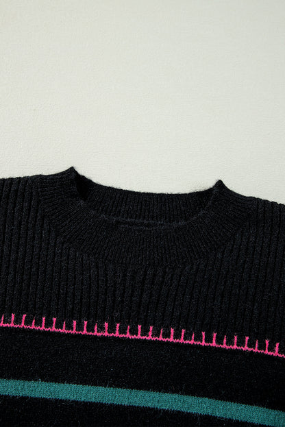 Black Colorful Striped Ribbed Trim Sweater