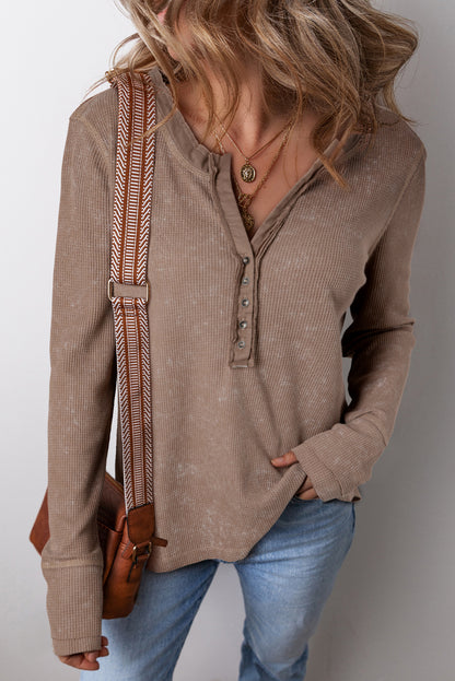 Coffee Acid Wash Waffle Knit Buttoned Neckline Long Sleeve Top