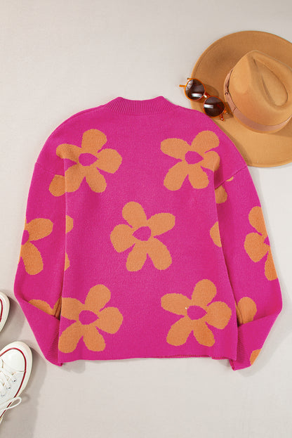 Rose Big Flower Pattern Mock Neck Long Sleeve Sweater