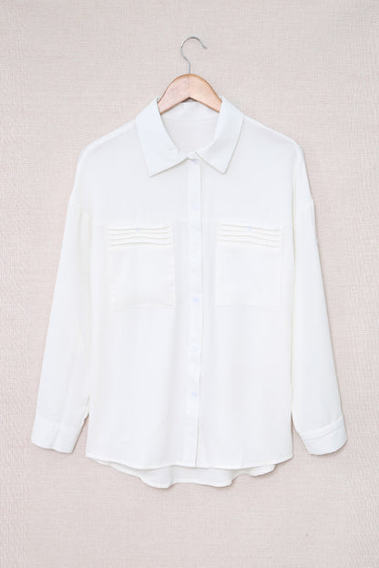 White Solid Pocket Long Sleeve Button-up Shirt