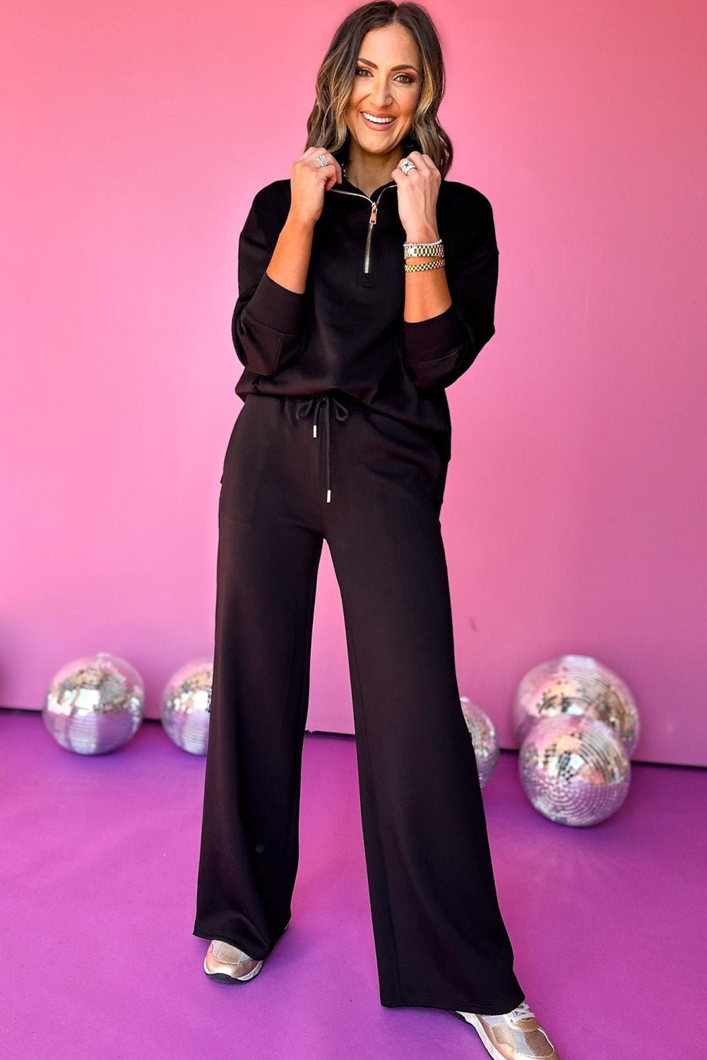 Black Zipper Stand Neck Top and Wide Leg Pants Set