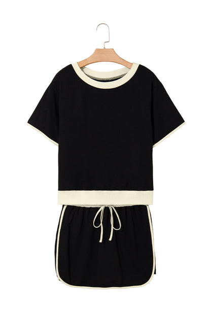 Black Colorblock Edge Drop Shoulder T Shirt and Skort 2Pcs Set