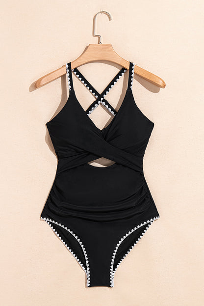 Black Ric Rac Trim Contrasted Patchwork Cutout One Piece Swimsuit