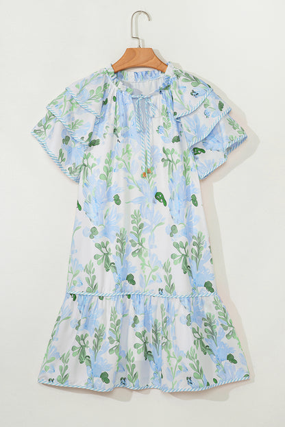 Sky Blue Floral Contrast Edge Layered Short Sleeve Mini Dress