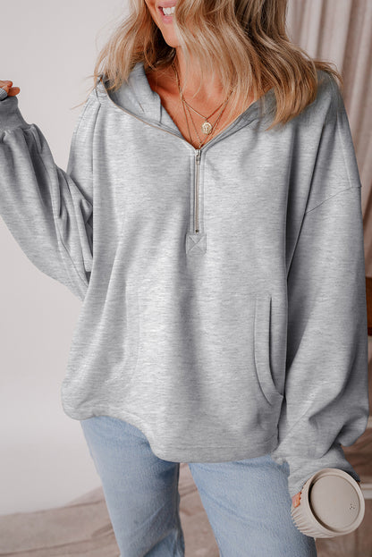 Light Grey Fleece Lined Half Zipper Kangaroo Pockets Loose Hoodie