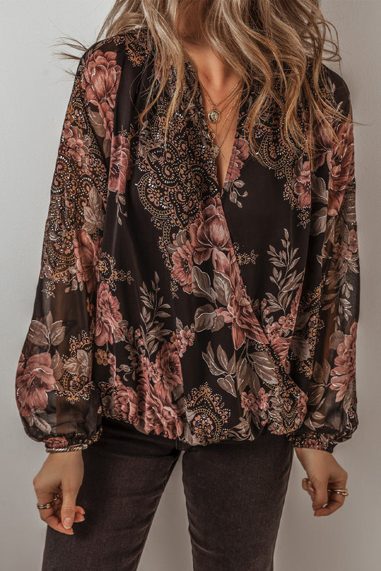 Black Floral Print Criss Cross V Neck Balloon Sleeve Blouse