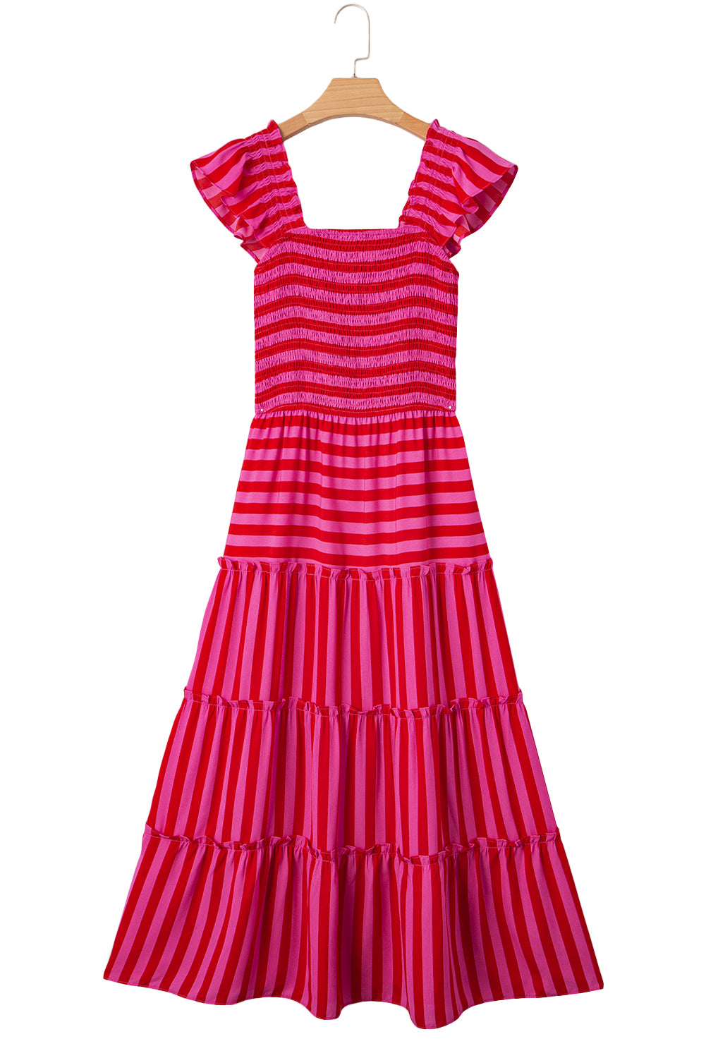 Rose Stripe Flutter Sleeve Smocked Bodice Tiered Maxi Dress