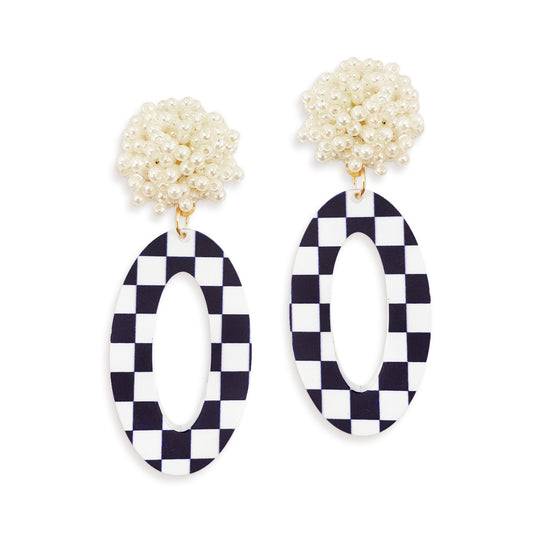 Black Check & White Oval Earrings