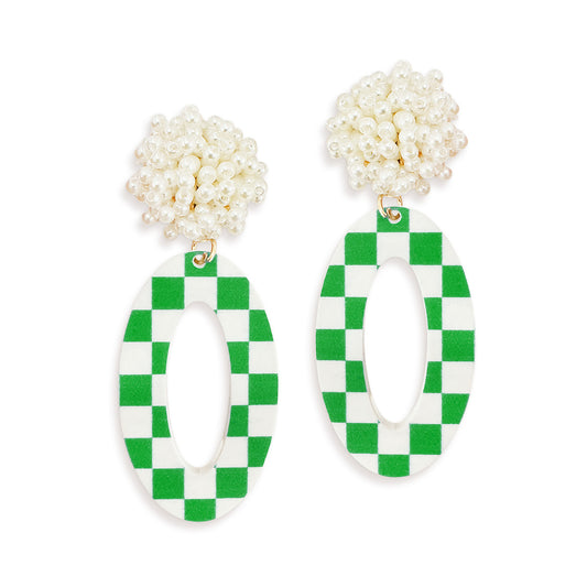 Green Check & White Oval Earrings