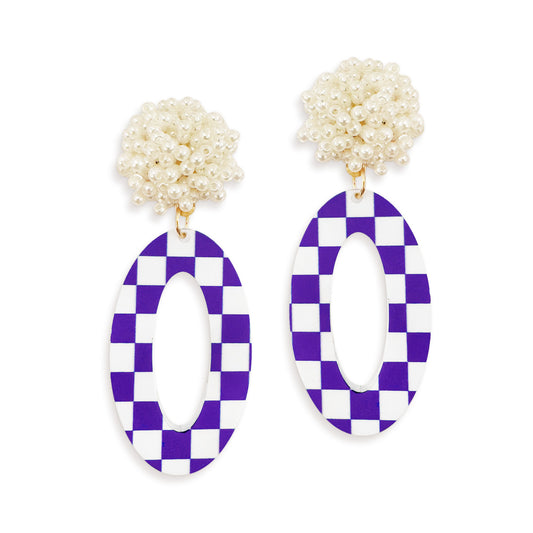 Purple & White Check Oval Earrings