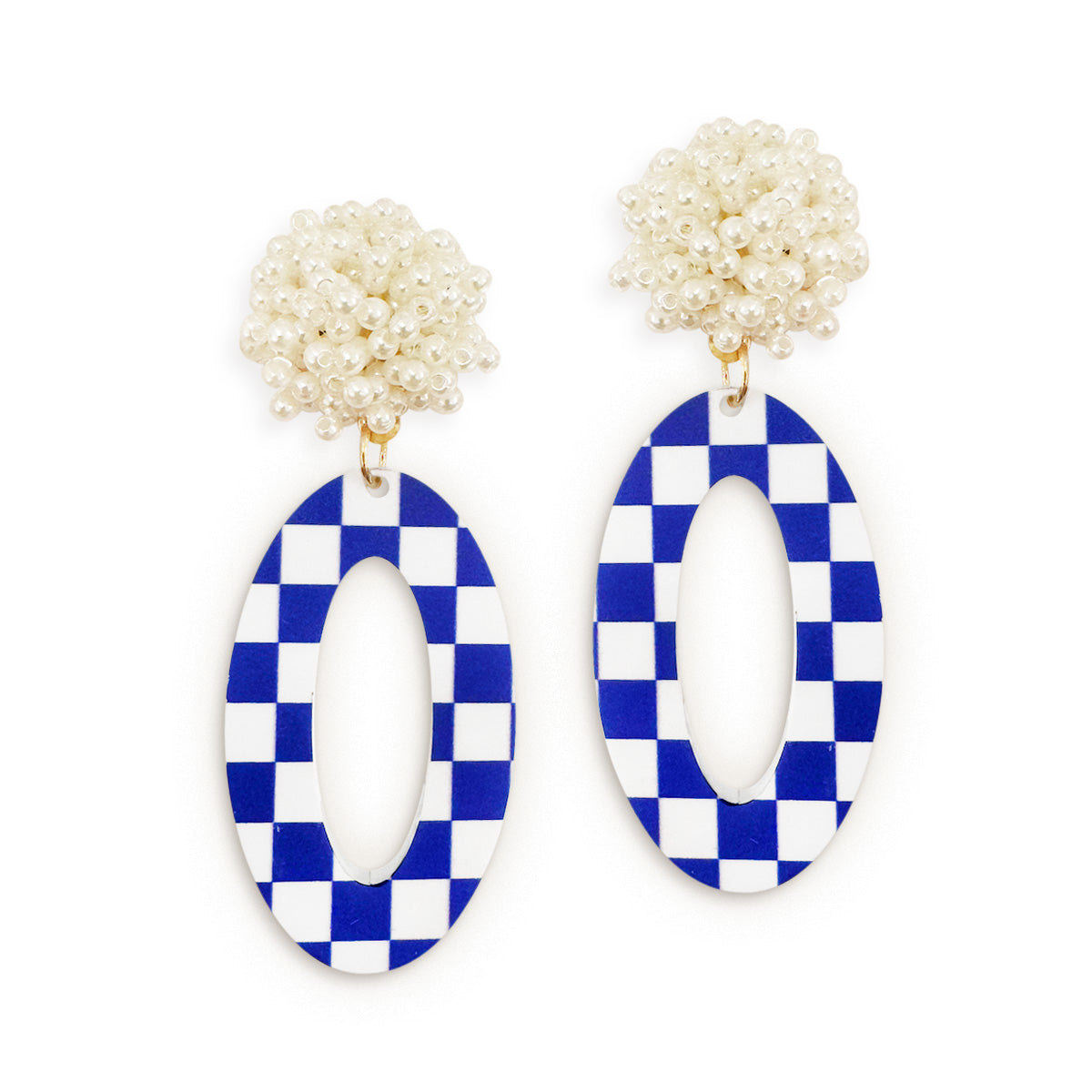 Royal Blue & White Check Oval Earrings