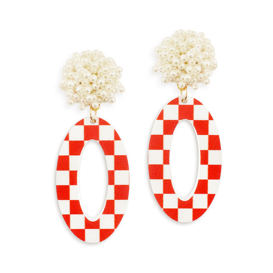 Red & White Check Oval Earrings