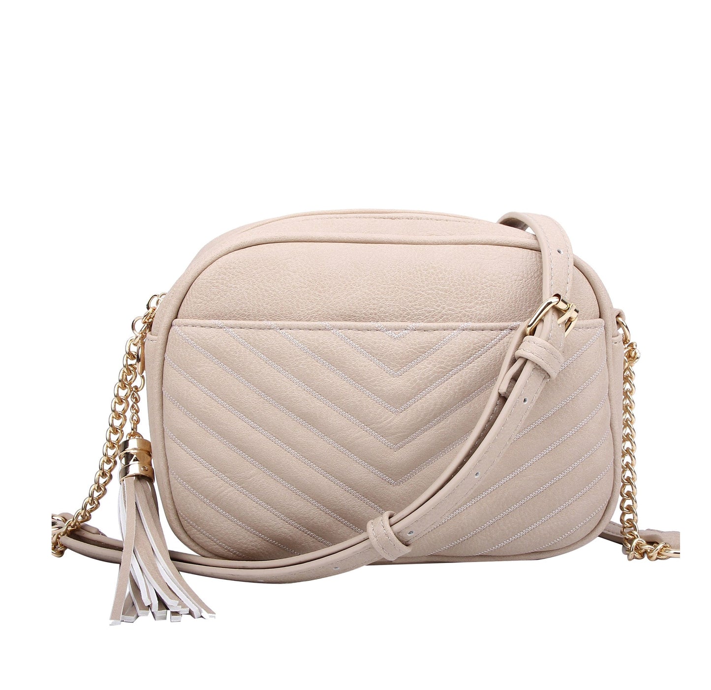 Veronica Double Zipper V Pattern Stitch Tassel Crossbody Bag