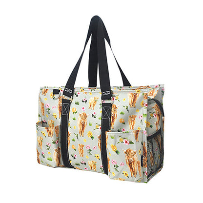 15" Floral Cow Zippered Caddy Organizer Tote Bag