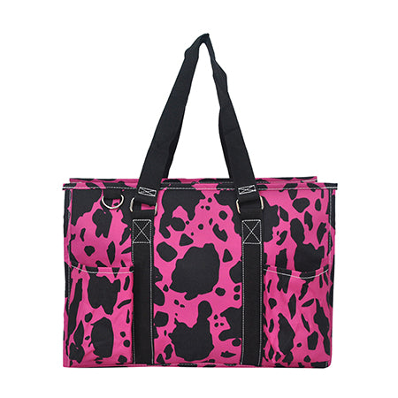 15" Neon Cow Hot Pink Zippered Caddy Organizer Tote Bag