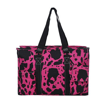 15" Neon Cow Hot Pink Zippered Caddy Organizer Tote Bag