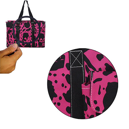 15" Neon Cow Hot Pink Zippered Caddy Organizer Tote Bag