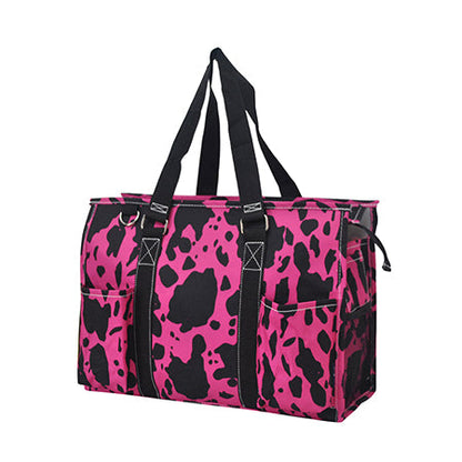 15" Neon Cow Hot Pink Zippered Caddy Organizer Tote Bag