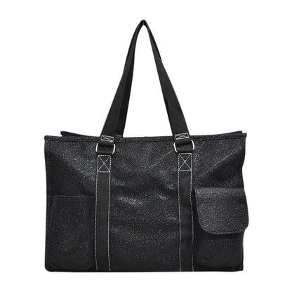 15" Black Glitter Zippered Caddy Organizer Tote Bag