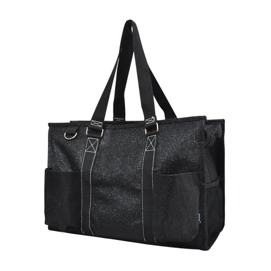 15" Black Glitter Zippered Caddy Organizer Tote Bag