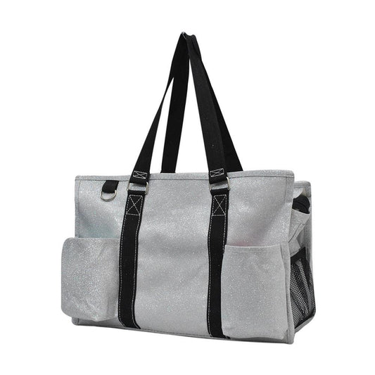 15" Silver Glitter Zippered Caddy Organizer Tote Bag