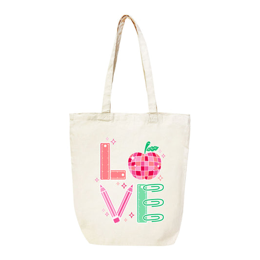 LOVE Teacher Apple Pencil Large Canvas Tote