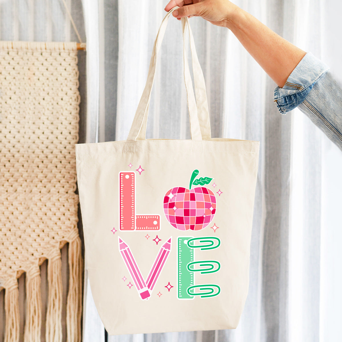 LOVE Teacher Apple Pencil Large Canvas Tote