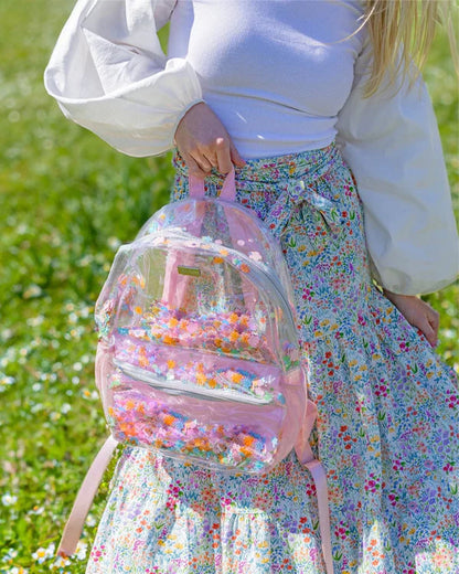 Pink Flower Glitter Confetti Clear Backpack