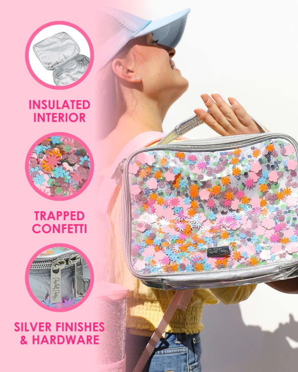 Pink Flower Glitter Confetti Backpack, Lunchbox & Pouch Matching Set