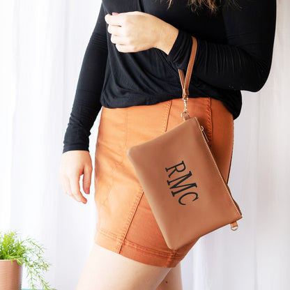 Personalized Camel Brown Vegan Leather Wristlet