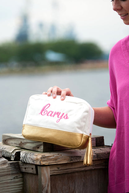 Personalized Creme Cosmetic Bag with Gold Metallic Trim