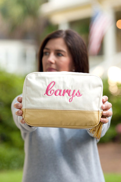 Personalized Creme Cosmetic Bag with Gold Metallic Trim