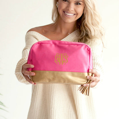 Personalized Hot Pink Cosmetic Bag with Gold Metallic Trim