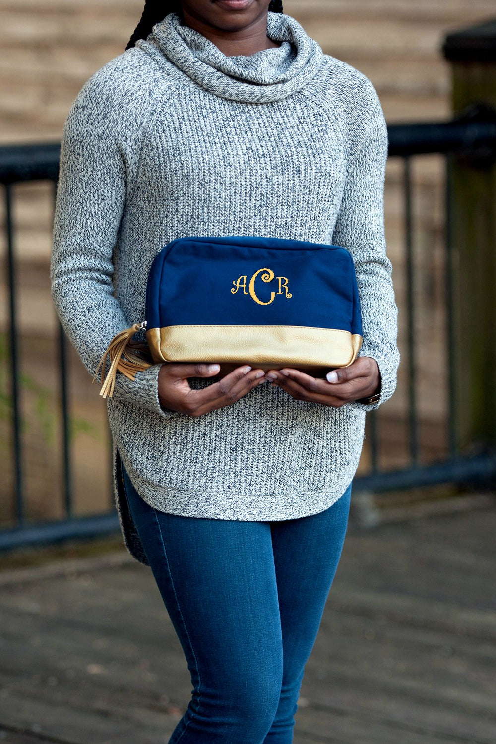 Personalized Navy Cosmetic Bag with Gold Metallic Trim