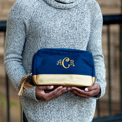 Personalized Navy Cosmetic Bag with Gold Metallic Trim