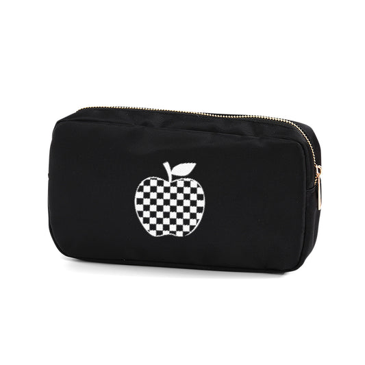 Check Apple Embroidered Black Accessory Bag