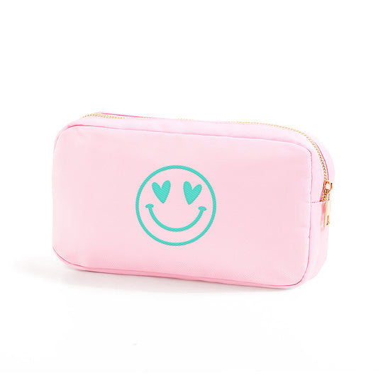 Heart Smiley Face Embroidered Pink Accessory Bag