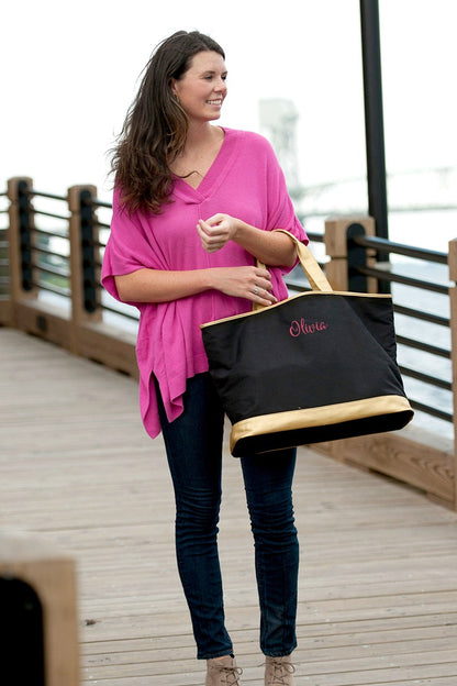 Personalized Black Tote Bag with Gold Metallic Trim