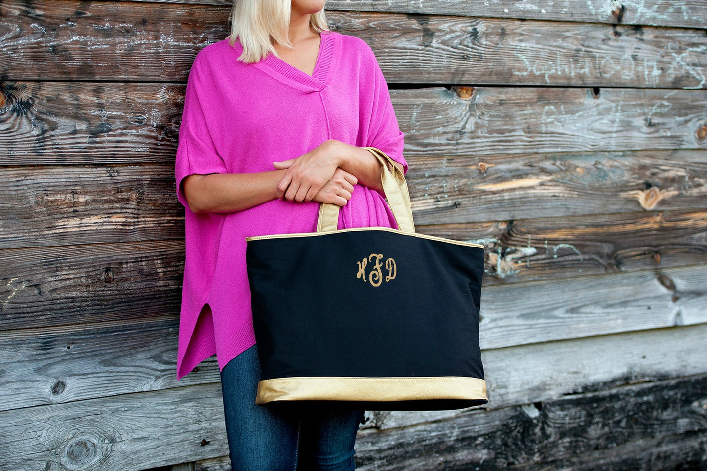 Personalized Black Tote Bag with Gold Metallic Trim