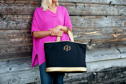 Personalized Black Tote Bag with Gold Metallic Trim