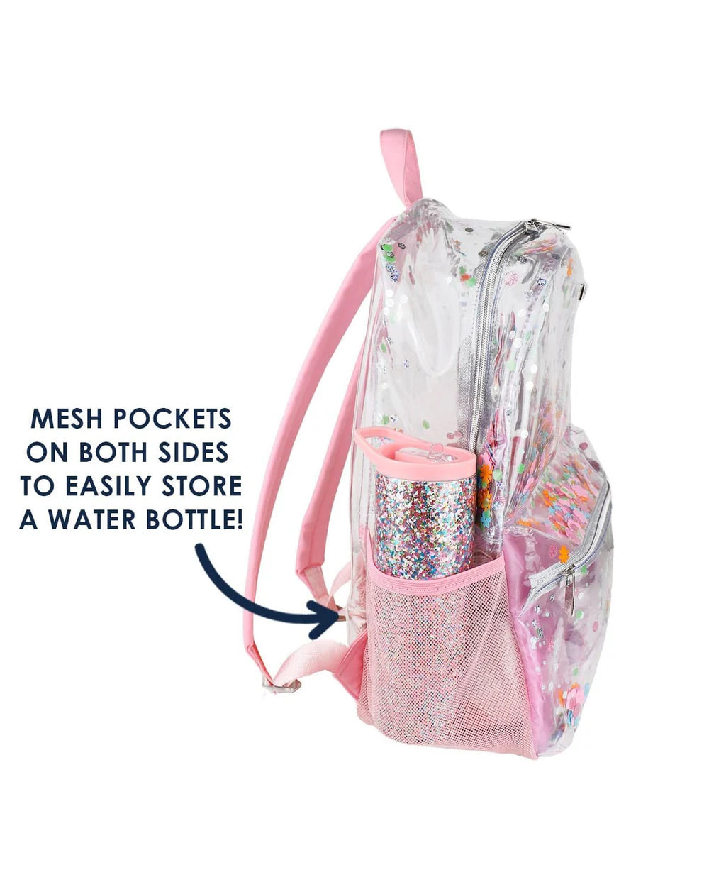 Pink Flower Glitter Confetti Clear Backpack